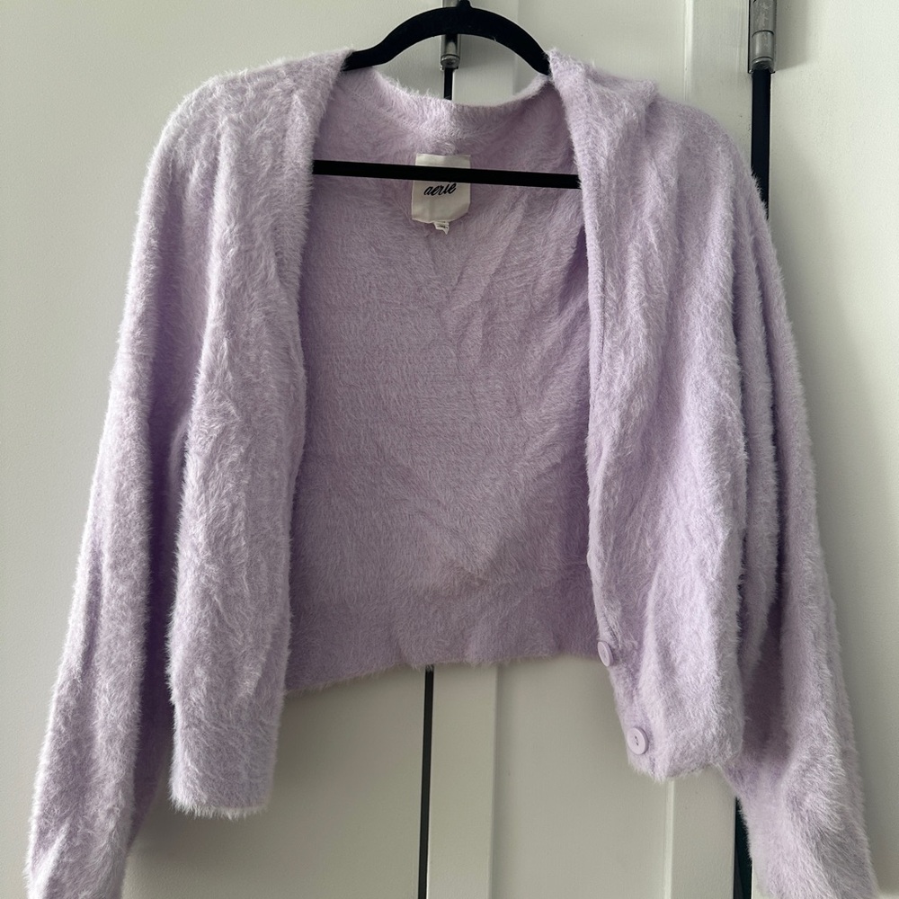 Aerie Fuzzy Cropped Cardigan in purple, size medium.